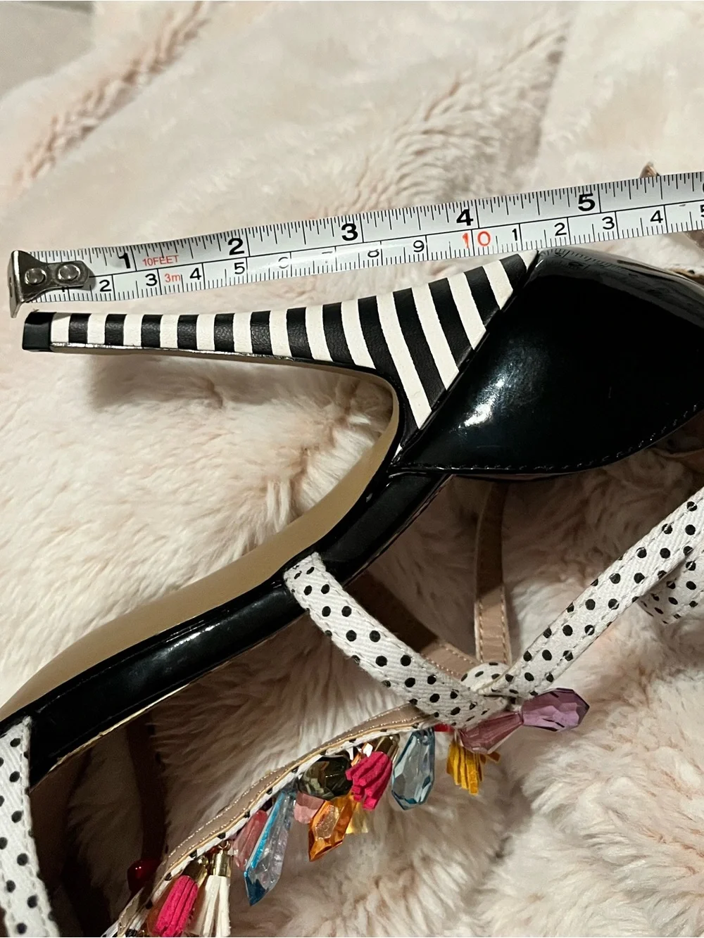 Betsey Johnson Black Patent Polka Dot Strap Jeweled High Heels
